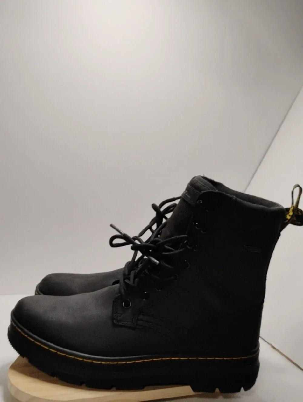 Dr. Martens Men's Black Lace-Up Leather Combat Boots with Yellow Heel Loop